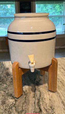 Ceramic Water Crock Dispenser with Wooden Stand – $40