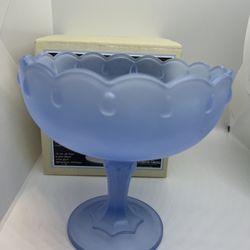 NEW VTG 7.5” Indiana Glass Blue Mist  Frosted Teardrop Compote Footed Bowl IOB
