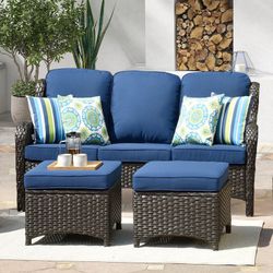 OVIOS 3-piece Patio Wicker Sofa with Ottomans - Navy Blue-Brown Wicker