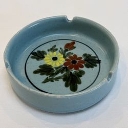 Vintage Hand Painted Pottery Ashtray Trinket Fish Brick Red & Yellow Flowers