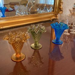 Fenton Mini Vases Hobnail Blue, Green And Gold set of 3