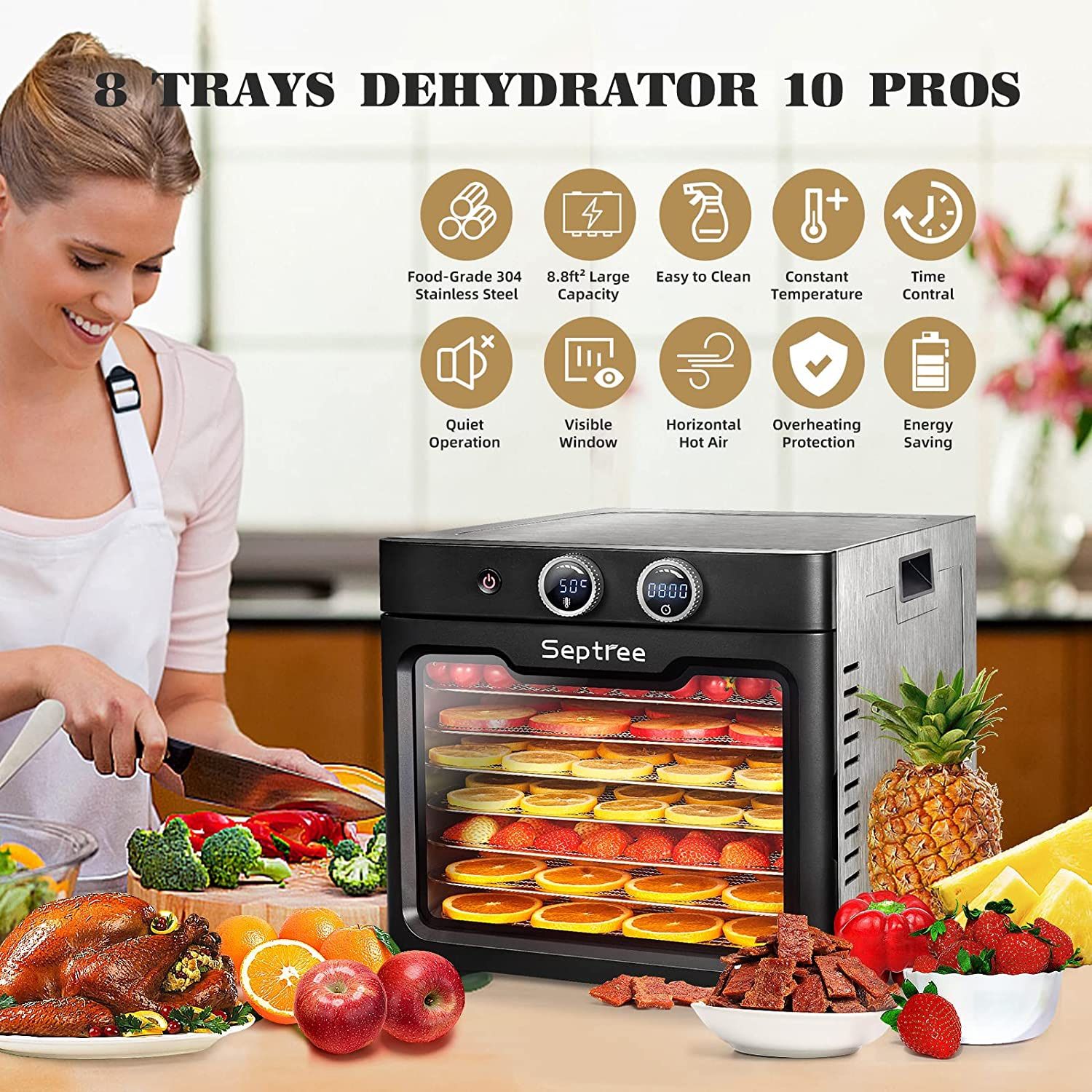 Food Dehydrator for Jerky,8 Stainless Steel Dehydrator for food and