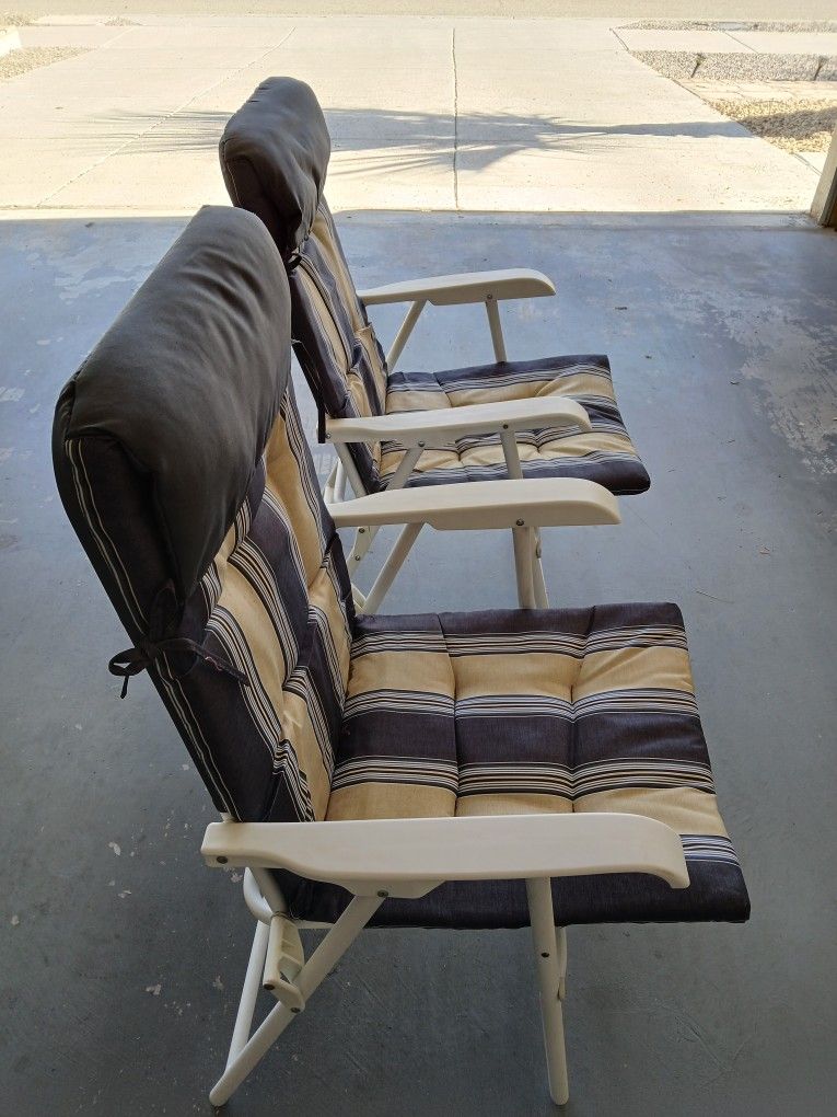 Two New Camping/ Outside /Balcony /Porch /Veranda /Patio Folding Padded Strong Metal Chairs Up To 300 Pounds - $45

