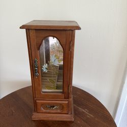 Vintage Wood Jewelry Cabinet Box With Stained Glass Window One Door One Drawer
