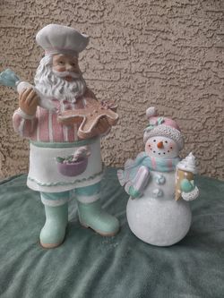 Pastel Pink Santa Claus And Snowman Christmas Decoration Figurine Bundle  