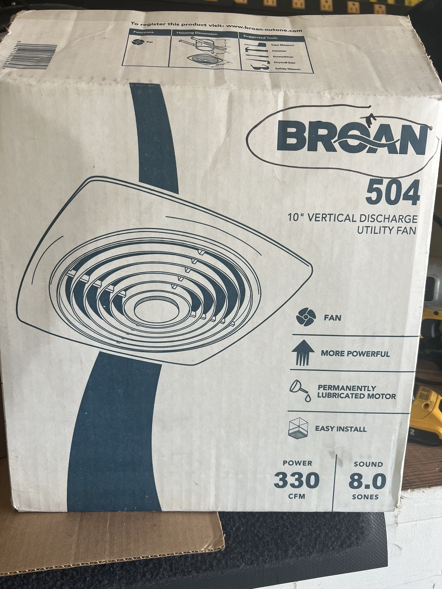 * Located in Port Saint Lucie * Brand New in box- Broan 504-Exhaust Fan: 330 cfm Max Airflow, 1 Speeds, 8 sones,