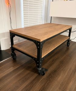 Industrial Wood and Metal Coffee Table on Wheels