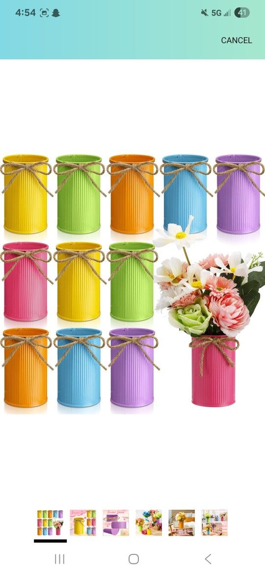 Domensi 4.33 Inch High Farmhouse Vase Decor Vintage Flower Vase with Twine Bow Rustic Galvanized Metal Buckets for Artificial Flowers for Table Center