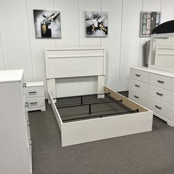 Modern White Queen Panel 5 Piece Bedroom Set (Bed, Dresser, Mirror, Nightstand, Chest)