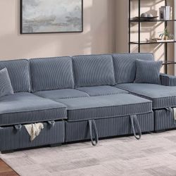 Brand New Grey Corduroy Sectional Sofa Storage Sleeper 