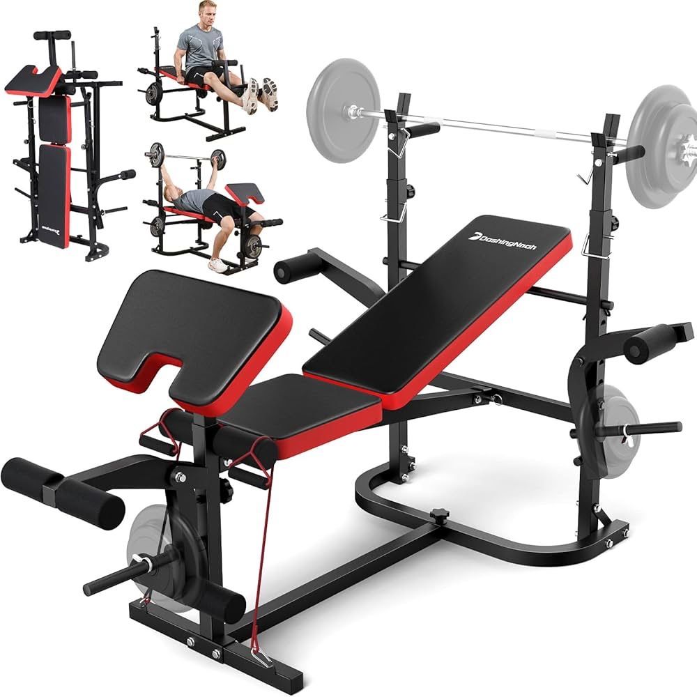 6-in-1 Foldable Weight Bench Set, 1695LBS Adjustable Workout Bench/Barbell Rack/Curl Pad, Bench Press, Leg Extension and Curl machine, Workout Fitness