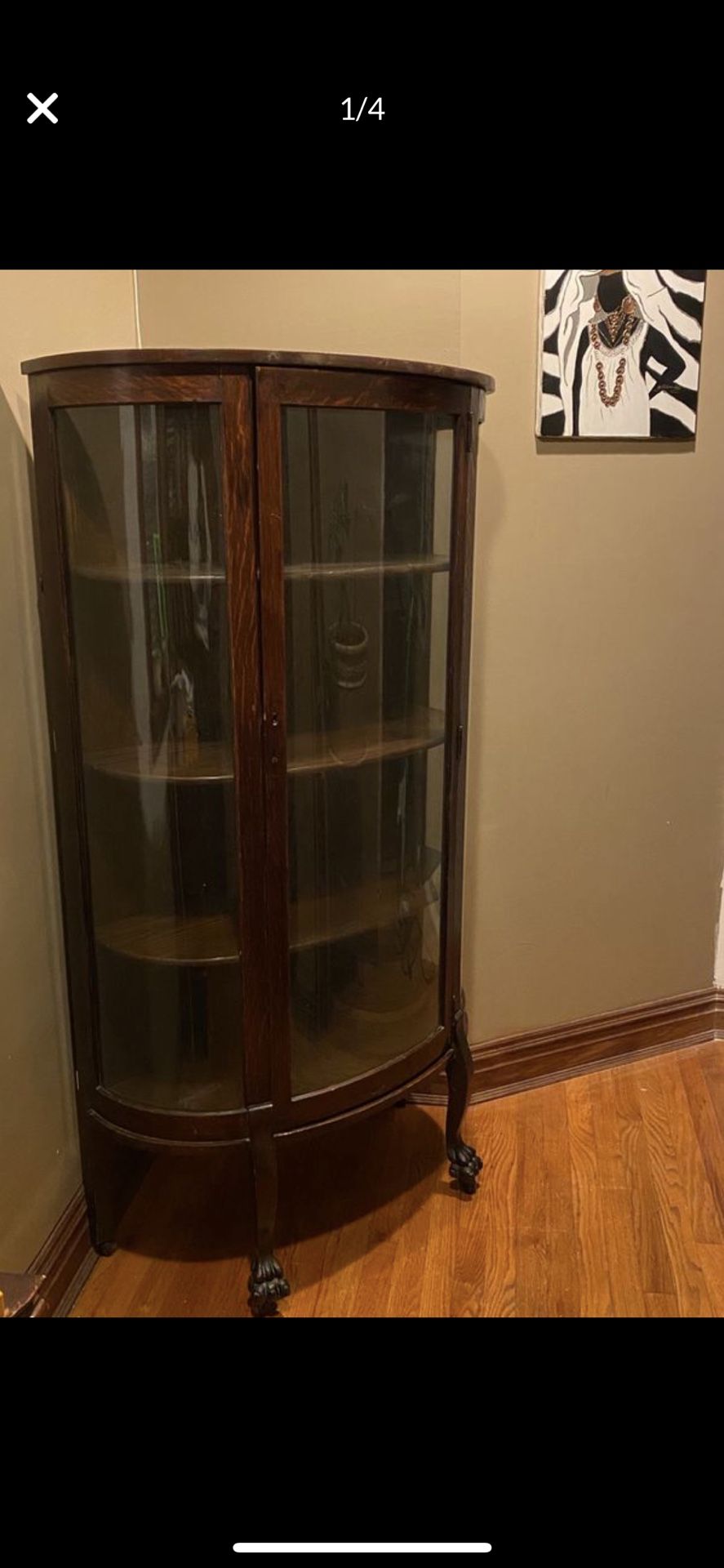 Antique Oak China Curio Cabinet W/Curved Glass
