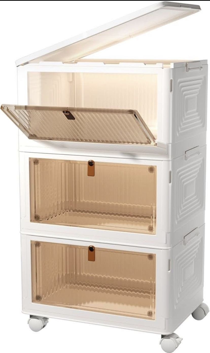 3 Tier Storage Bins with Lid, Stackable Storage Boxes with Magnetic Doors & Wheels