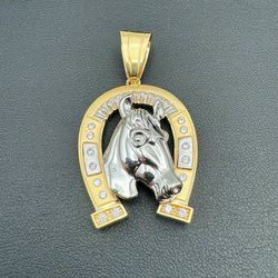 14k two tone gold Horse head in Horseshoe CZ stone Pendant Charm 13.4 grams