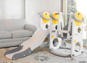 New Duke Baby 4-in-1 Kids Swing and Slide Set for Toddler Age 1-6, Extra Large Baby Indoor Outdoor Activity Playground with Basketball Hoop and Climbe