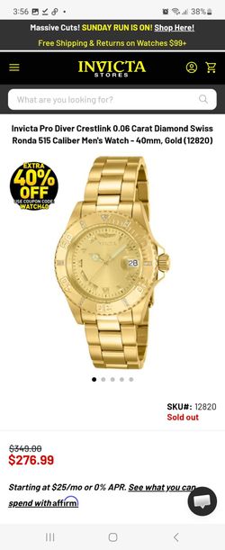 Invicta Pro Diver Crestlink 0.06 Carat Diamond Swiss Ronda 515 Caliber Men's Watch - 40mm, Gold (12820)