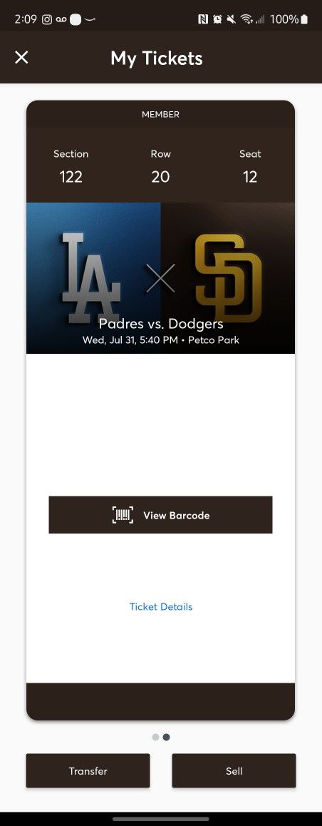 Padres Vs Dodgers 31st Section 122 Row 20