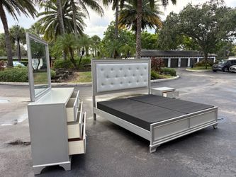 4-Piece Silver Bedroom Set king Size with Tufted Headboard by Vietnam Furniture