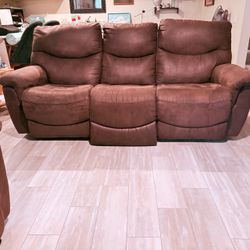 Power Recliner Sofa and Loveseat with console, clean brown microfiber, about 73 and 83” long. Must sell ASAP