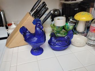 Vintage Cobalt Blue Glass Rooster and hen Candy Dishes