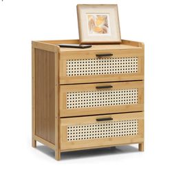 Small Boho Nightstand Mini Bedside End Table Bamboo Small Dresser with 3 Drawer for Living Room Bedroom Small Space