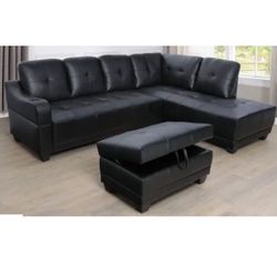 3 Piece Faux Leather Sectional Couch with Ottoman 