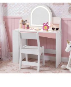 Brand New Toddler Vanity Table Set with Lighted Mirror and Chair, Kids Makeup Desk with Storage Shelves and Open Bookshelf, Princess Vanity Furniture 