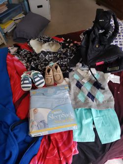 Carrier n swaddle n jacket size 3-6 month outfit size 6 month n 2 pair shoes