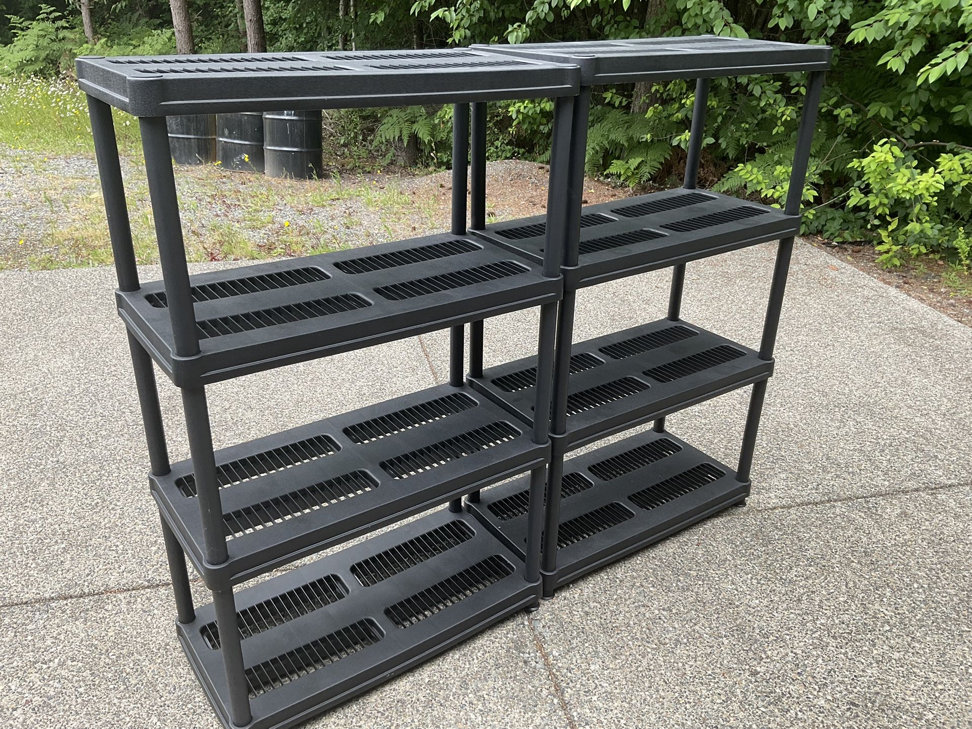 Two Plastic Shelves (Each 35”W x 18”D x 58”H) Like New