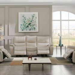 Brand New Beige Plush 3pc Reclining Sofa Set