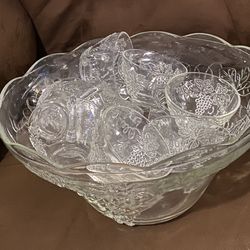 Anchor Hocking Clear Glass Harvest Grape Punch Bowl Set 1960s (READ DESC)