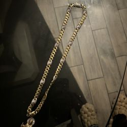 10k Gold Cz Diamonds Monaco Cuban Chain With 10k Gold Jesus Piece 50grams 