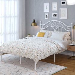 Full Size Metal Platform Bed Frame with Vintage Headboard 11" Under-Bed Storage, White, New in Box