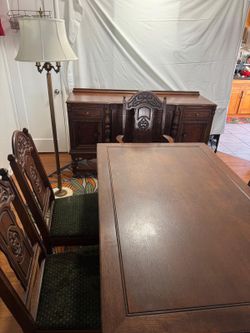 Antique Dining Set ,hutch And Lamp