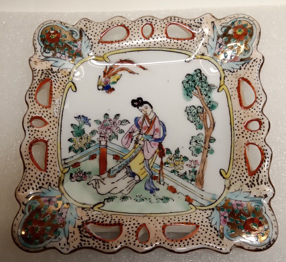 Vintage Moriage Porcelain Trinket Tray Oriental Geisha Girl & Flying Dragon 