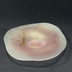 Vintage Frosted Pink Decorative Art Glass Bowl Gold Hand Painted Signed