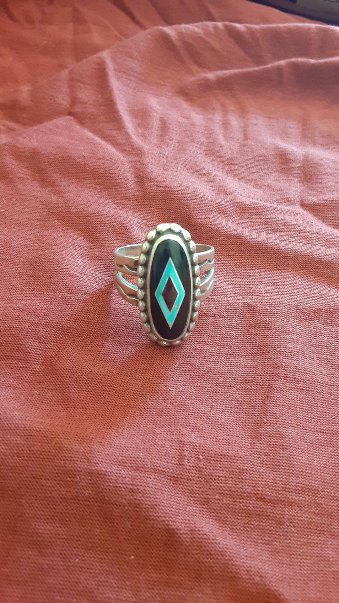 Native American designed sterling silver inlaid ring