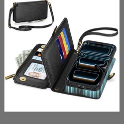 TUCCH Removable Crossbody Case Wallet For IPhone 17 Pro Max, 10 Card Slots RFID Blocking, Stand, Lanyard, Wrist Strap, Wireless Charging, Zipper Pocke