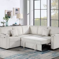 Brand New Beige Corduroy Sectional Sofa Sleeper 