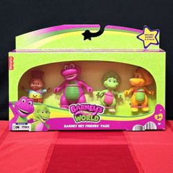 💜The image shows the Fisher-Price Barney's World Barney Hey Friends Pack. This figure set includes four characters from the Barney's World