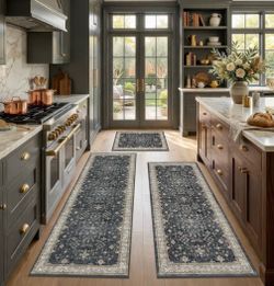 New 3 piece rug set. Black & Beige Machine washable