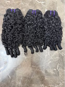 Burmese Curly Virgin Human Hair 3 Bundles 16 18 20 Inch with Spiral Ends Double Weft, Natural Black Color, 300g