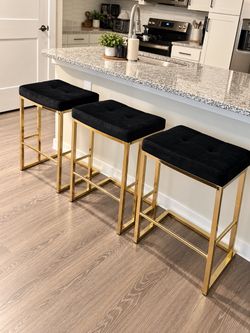 Set of 3 Black Velvet Gold Bar Stools
