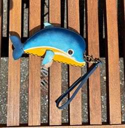 Handmade Leather Whale Coin Purse Wristlet – Blue & Yellow