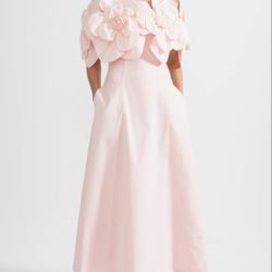 Off-Shoulder Midi Dress With Large Fabric Floral Accents - Pink