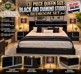 🖤💎 3-PIECE QUEEN SIZE BLACK & SILVER DIAMOND-STUDDED BEDROOM SET + 2 FREE ELEGANT LAMPS! 💎🖤