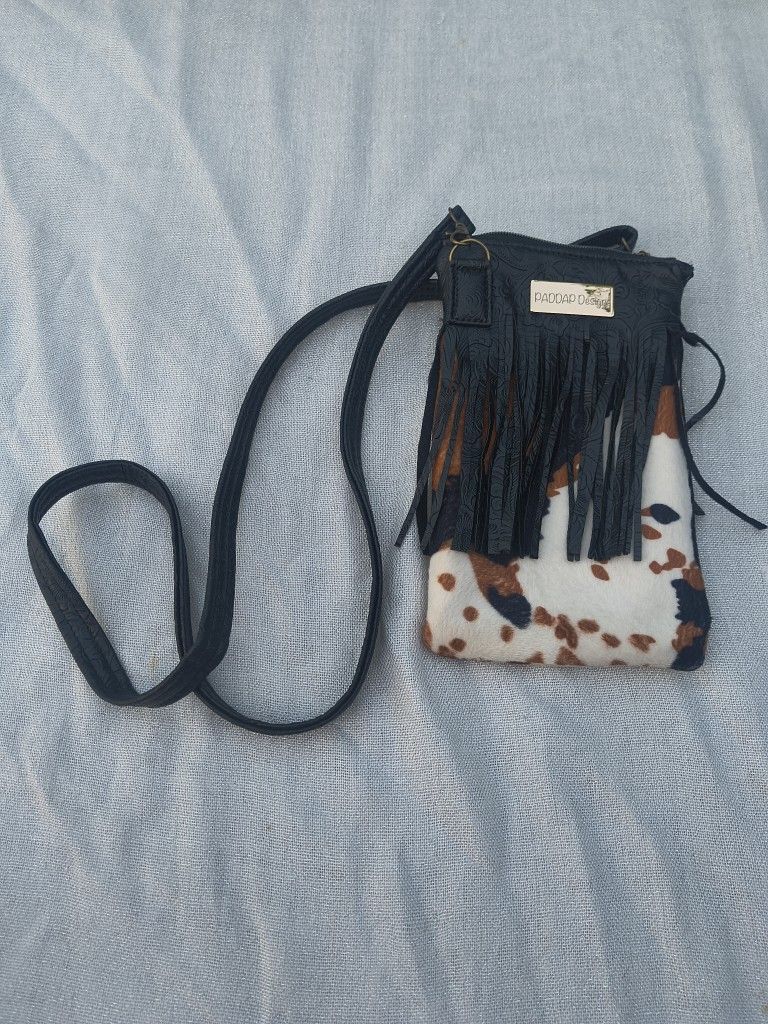 Handmade Leather Animal Print Fringe Crossbody Purse