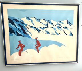 Skiing Downhill Chase Picture Framed & Signed 1977 Artist Proof by Joy Murray 34x27