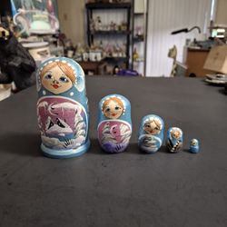 Russian Nesting Doll, Matryoshka Doll 5Pc Wooden Set Winter Scene W/Snow Maiden (Snegurochka) Hand-painted Sizes 9/16" To 4" Tall 