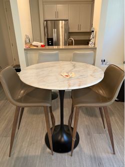 Brand New White Marble table and Elephant Grey Real Leather Barstools